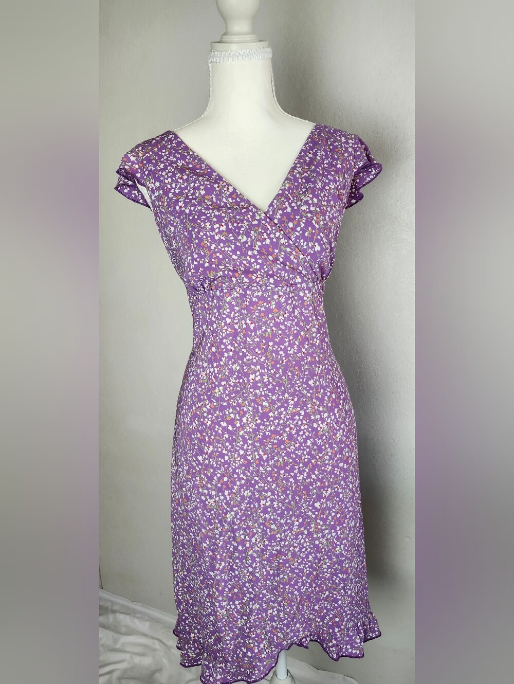 Vintage 90s Esprit Ditsy Floral Dress Purple Flutter Sleeve Empire Waist 11/12